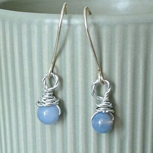 Dainty blue lace agate beaded gemstone earrings, 1.5"
